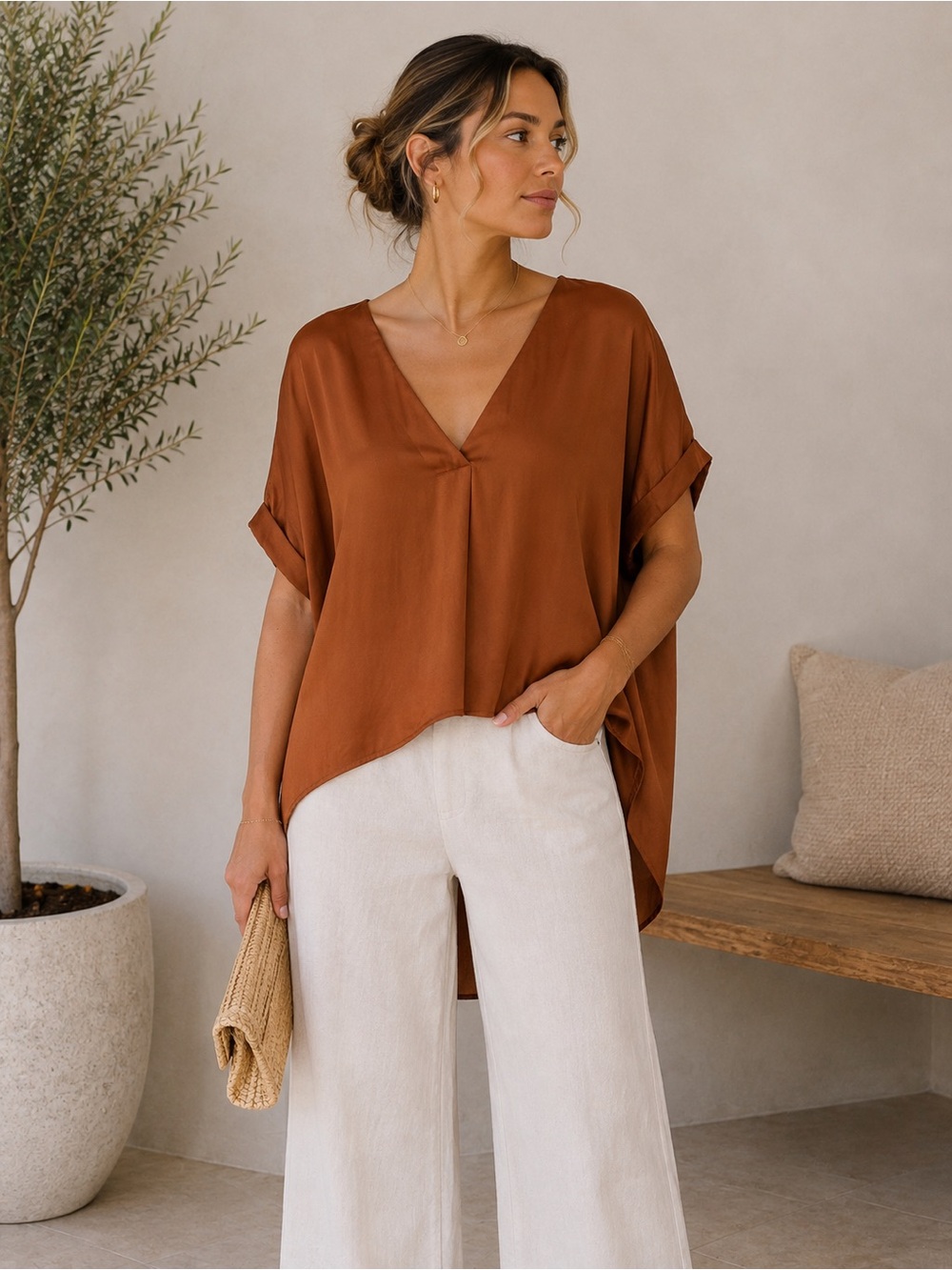 glam Oversized V-Neck Tunic in Rust Brown